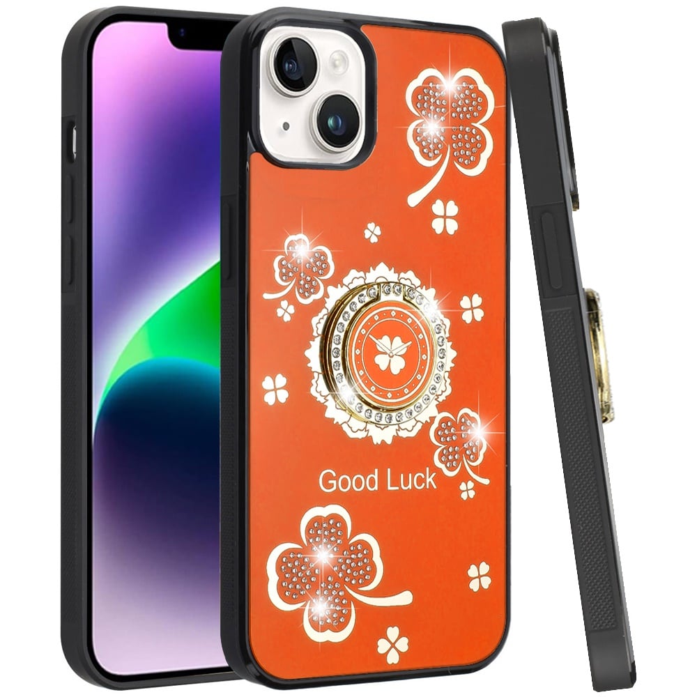 For iPhone 14/13 (6.1") Diamonds 3D Butterfly Bling Sparkly Glitter Ornaments Engraving Hybrid Metal Fashion Case Cover Good Luck Floral Cosmic Orange
