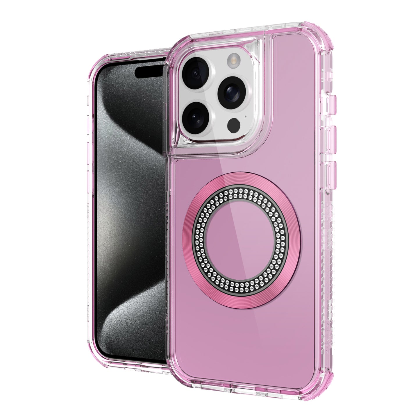 For Apple iPhone 17E /16E Magnetic Circle Compatible with Magsafe, Hybrid Chrome 3in1 Transparent Shockproof TPU Bumper Case Cover Pink