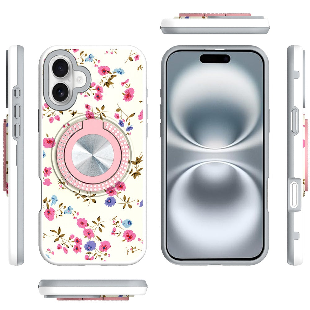 For Apple iPhone 16 (6.1") Pattern Design Hybrid with Invisible Ring Stand & Magnetic Back, Shockproof Protective Grip Case Cover