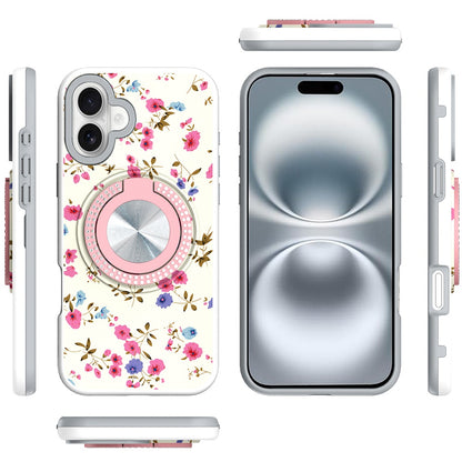 For Apple iPhone 16 (6.1") Pattern Design Hybrid with Invisible Ring Stand & Magnetic Back, Shockproof Protective Grip Case Cover