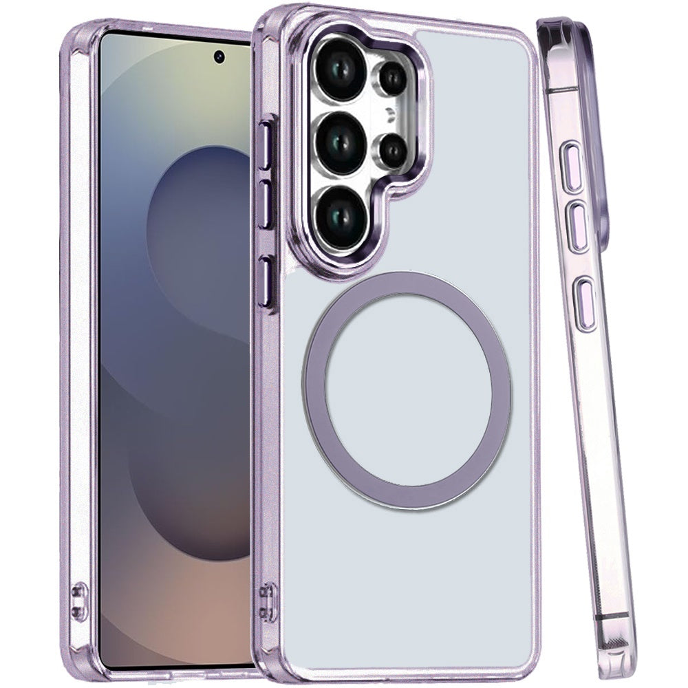 For Samsung Galaxy S25 Ultra Transparent Back Hybrid Case - Magnetic Circle, Color Frame, Metal Buttons, MagSafe Compatible Case Cover