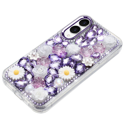For Samsung Galaxy S25 Edge Fashion Daisy Floral Series, Full 3D Bling Crystal Diamonds Sparkling Rhinestone Glitter Hybrid Design Case Cover