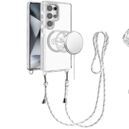 For Samsung Galaxy S24 Ultra Clear Magnetic Frame PC Back Shockproof Protective Case with Detachable Lanyard Strap, Compatible with MagSafe Case Cover