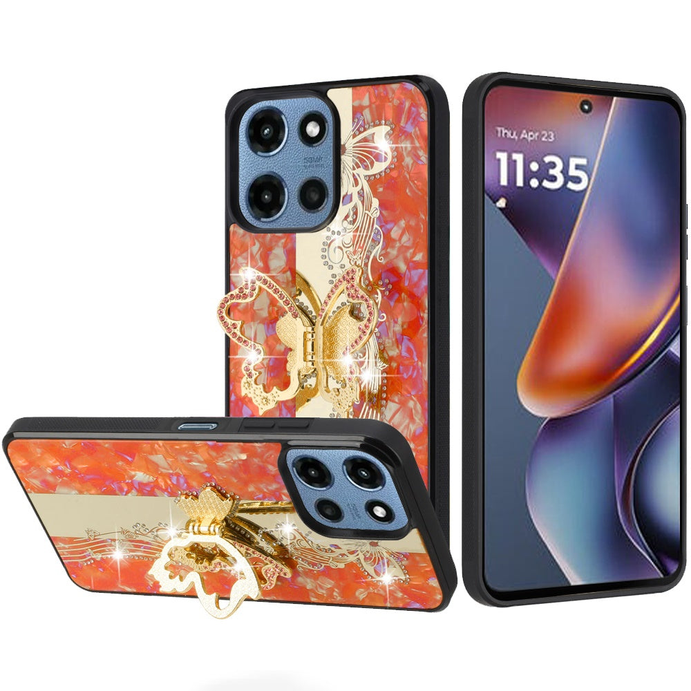 Phone Case for Motorola Moto G Play 5G 2026 Diamond Glitter Butterfly Engraved Ring Stand Luxury Bling Hybrid Shockproof Chrome Edge Protective Durable Grip Cover Enchabted Butterfly Cosmic Orange
