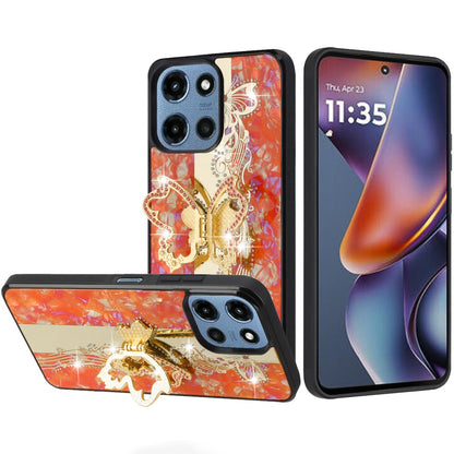 Phone Case for Motorola Moto G Play 5G 2026 Diamond Glitter Butterfly Engraved Ring Stand Luxury Bling Hybrid Shockproof Chrome Edge Protective Durable Grip Cover Enchabted Butterfly Cosmic Orange