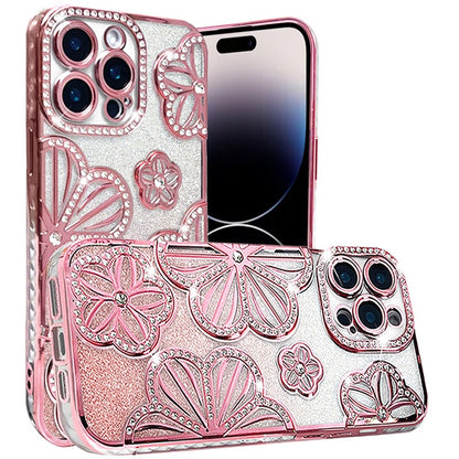For Apple iPhone 13 Pro Max Luxury Floral Design Sparkle Glitter Diamond Crystal Rhinestone Shimmer Bling Plating Thick TPU Hard PC Case Cover