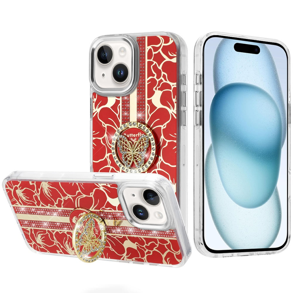 For Apple iPhone 15 Diamonds 3D Butterfly Floral Design Bling Sparkly Glitter Hybrid Metal Fashion with Ring Stand Case Cover
