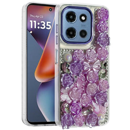 For Motorola Moto G 5G 2026/2025 3D Diamond Floral Roses Flower Bling Stone Hybrid, Sparkly Rhinestone Gemstone Back Shockproof Case Cover