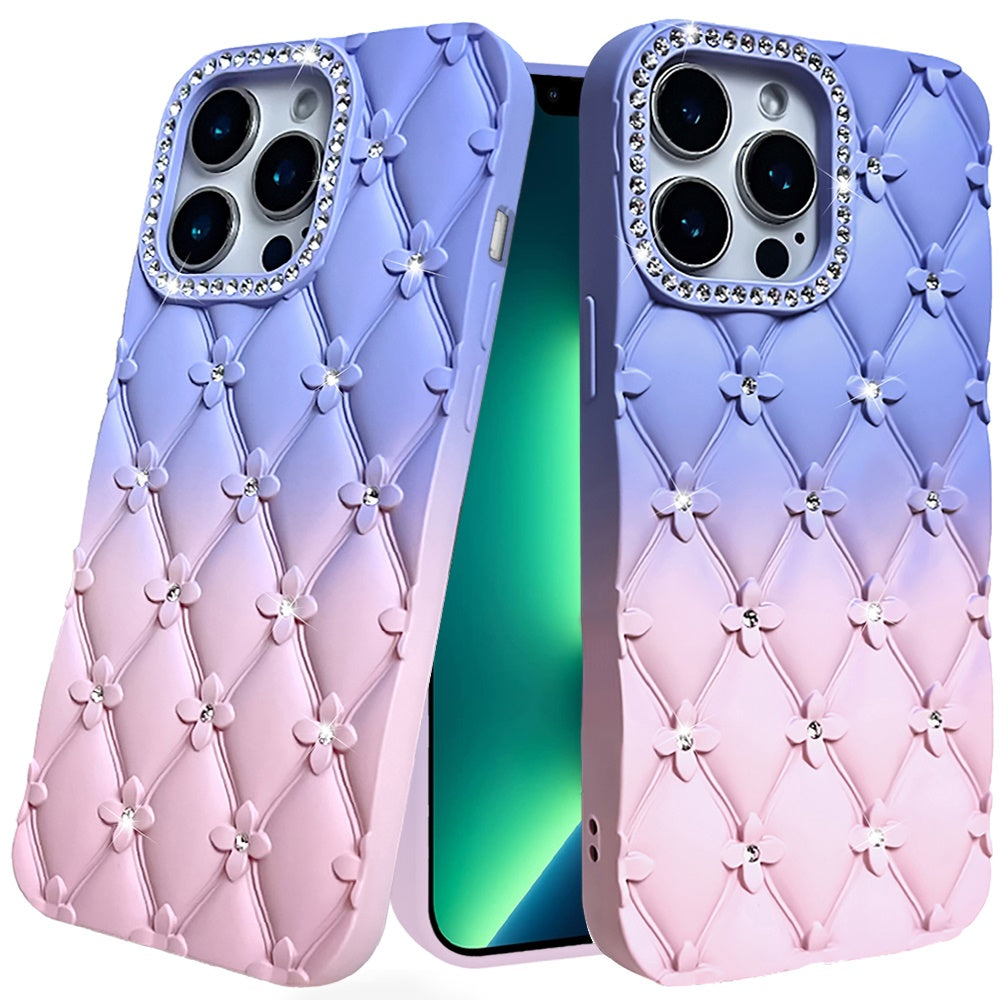 For Apple iPhone 17E /16E Fashion Flower Design Sparkle Glitter Shimmer Rhinestone Bling Floral Accents, Leather Texture TPU Case Cover