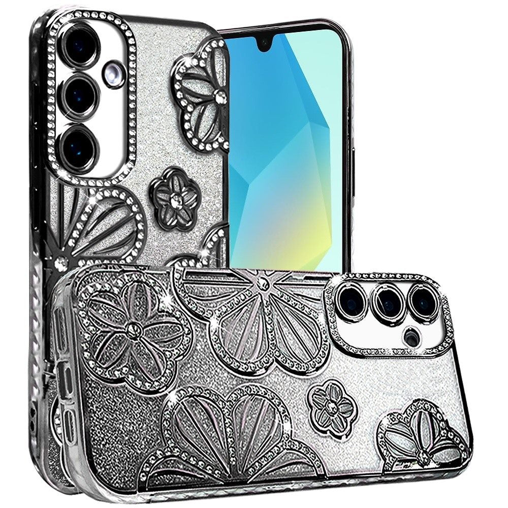 For Samsung Galaxy A16 5G Luxury Flower Design Sparkle Glitter Diamond Rhinestone Shimmer Bling Plating Thick TPU Hard PC Case Cover Flower Black