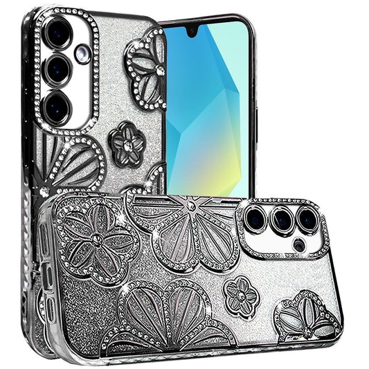 For Samsung Galaxy A16 5G Luxury Flower Design Sparkle Glitter Diamond Rhinestone Shimmer Bling Plating Thick TPU Hard PC Case Cover Flower Black