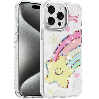 For Apple iPhone 15 Pro Max Butterfly Resin Epoxy Diamond Design Metal Edged Hybrid Shockproof Heavy Duty Drop Protection Case Cover
