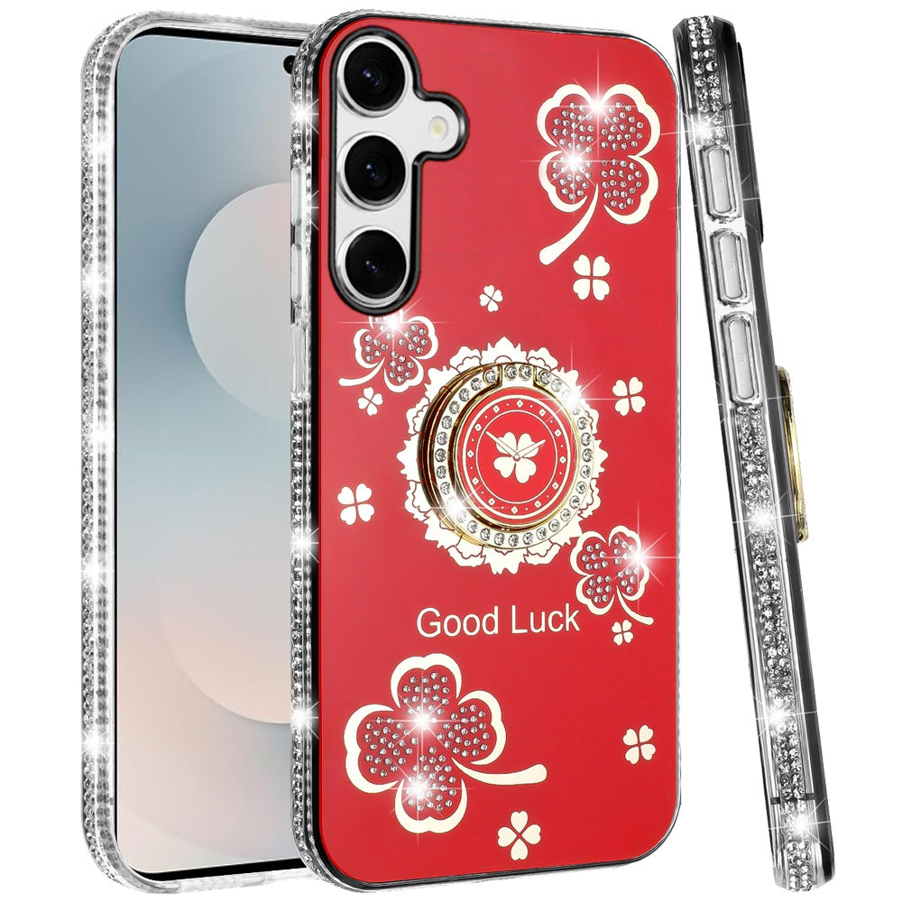 For Samsung Galaxy S26 Diamonds Bling All Around Edges Sparkly Glitter Hybrid with Ring Stand Holder Fashion Good Luck Case Cover