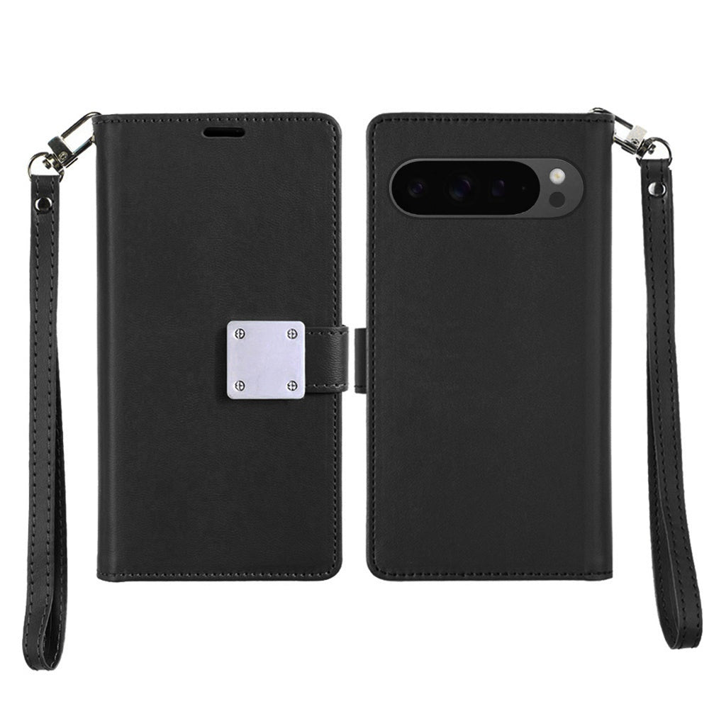 For Google Pixel 10 /Pixel 10 Pro Wallet Case with ID/ Card Holder, Wristlet Strap, Magnetic TPU Protective Shockproof Folio Flip Case Cover Black
