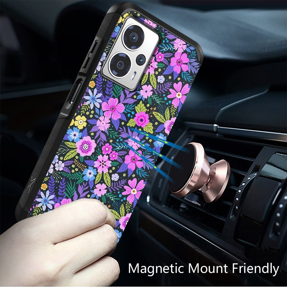 For Cricket Outlast 5G (2024) Slim Tough Strong Protection Shock Absorption Hybrid Dual Layer Hard PC + TPU Rubber Silicone Armor Case Cover Mystical Floral Boom
