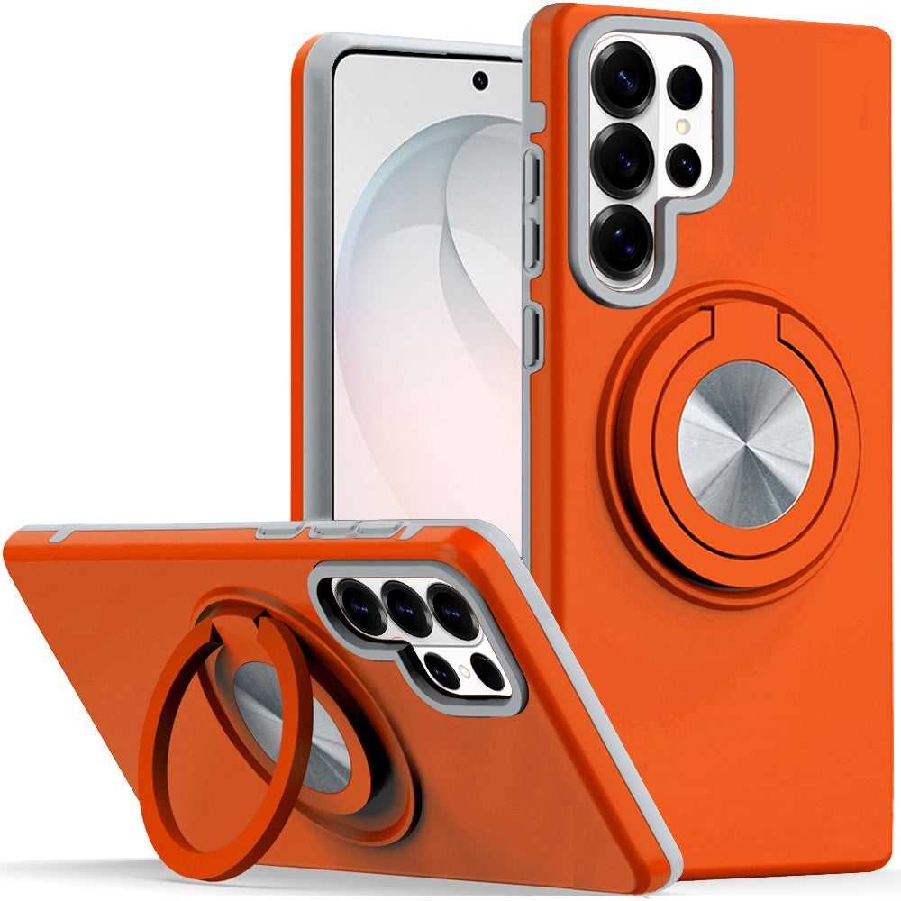For Samsung Galaxy S26 Ultra Metal Matte Hybrid with Invisible Rotational Ring Stand, Car Mount Friendly, Military Grade Slim Fit Sturdy Case Cover Cosmic Orange