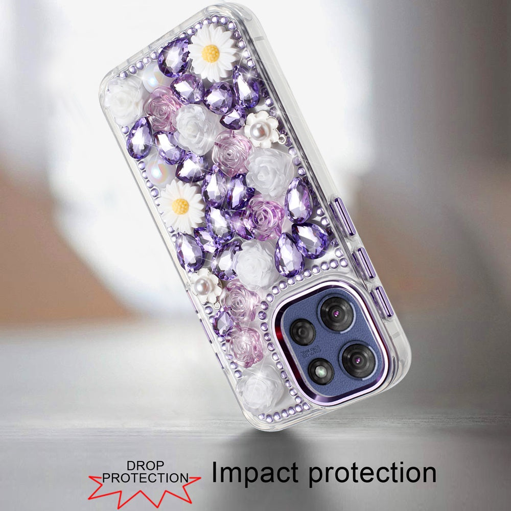 For Motorola Moto G Power 5G 2025 Fashion Daisy Floral Series, Full 3D Bling Crystal Diamonds Sparkling Rhinestone Glitter Hybrid Design Case Cover