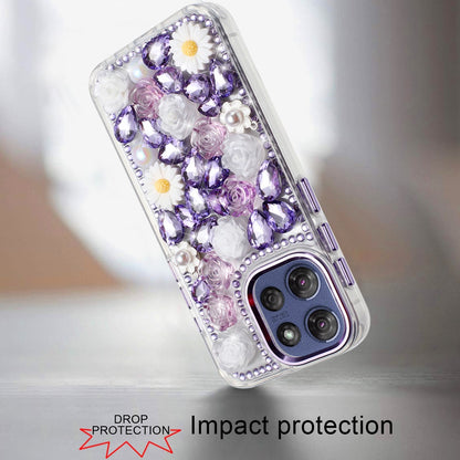 For Motorola Moto G Power 5G 2025 Fashion Daisy Floral Series, Full 3D Bling Crystal Diamonds Sparkling Rhinestone Glitter Hybrid Design Case Cover