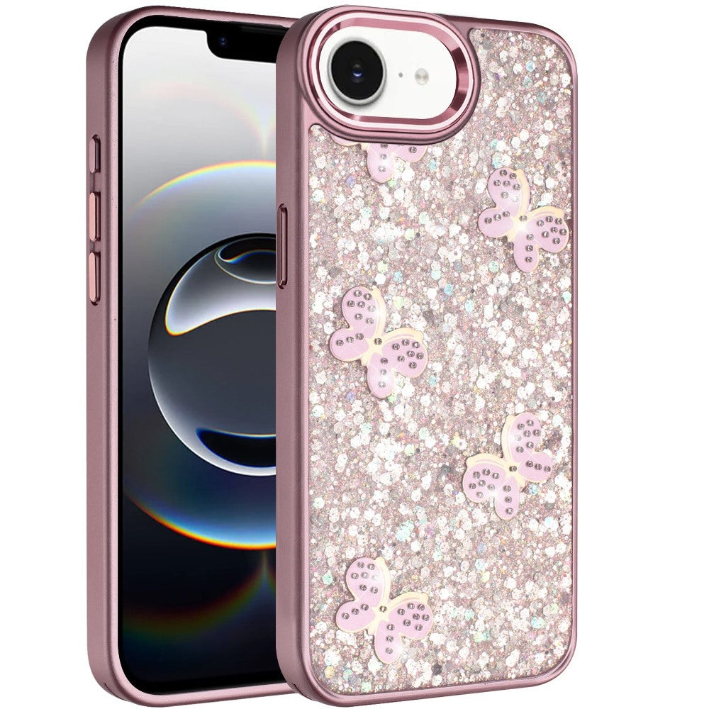 For Apple iPhone 17E /16E Cute Butterfly Crystal Diamond Glitter Case Sparkle Bling Frame Metallic Edges, Shimmer TPU Hybrid Case Cover