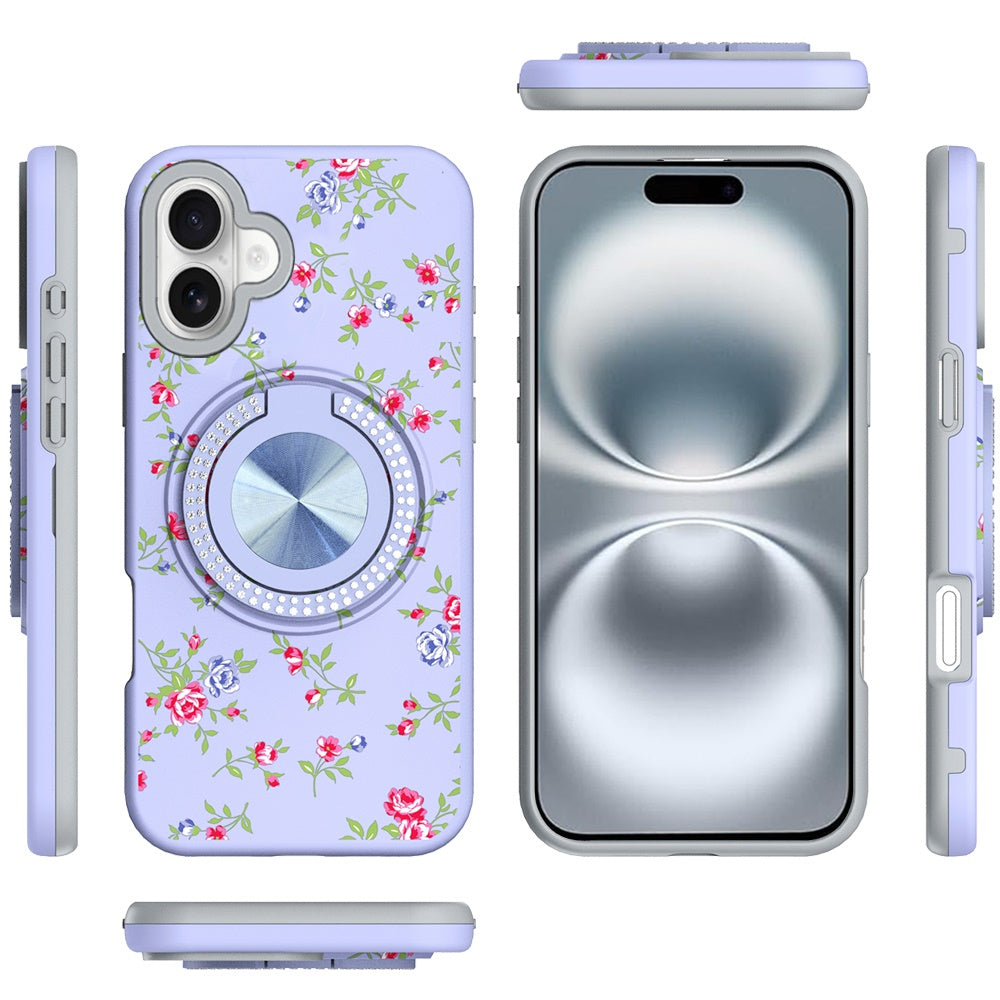 For Apple iPhone 16 (6.1") Pattern Design Hybrid with Invisible Ring Stand & Magnetic Back, Shockproof Protective Grip Case Cover