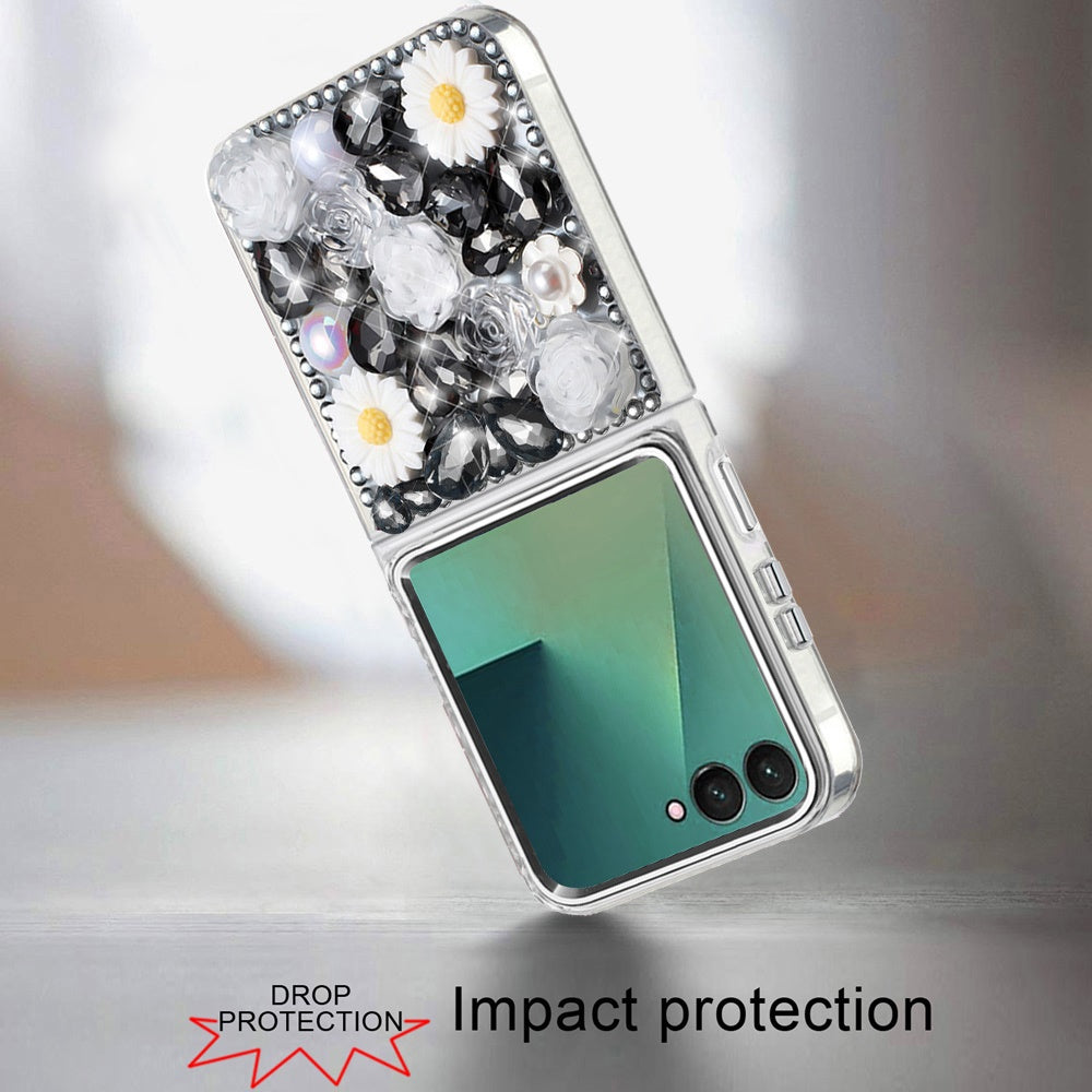 For Samsung Galaxy Z Flip 7 Fashion Daisy Floral Series, Full 3D Bling Crystal Diamonds Sparkling Rhinestone Glitter Hybrid Design Case Cover
