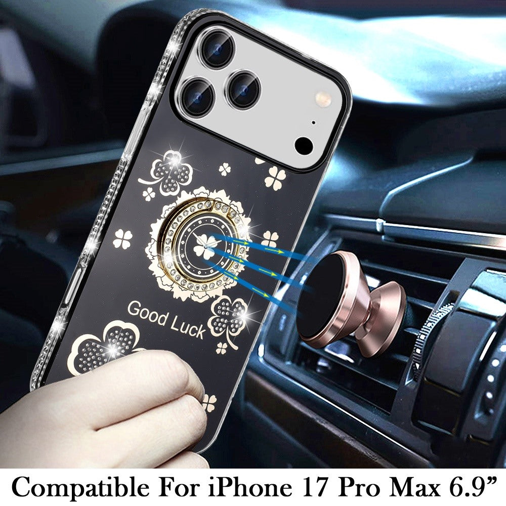 For Apple iPhone 17 Pro Max (6.9") Diamonds Bling All Around Edges Sparkly Glitter Hybrid with Ring Stand Holder Fashion Good Luck Case Cover