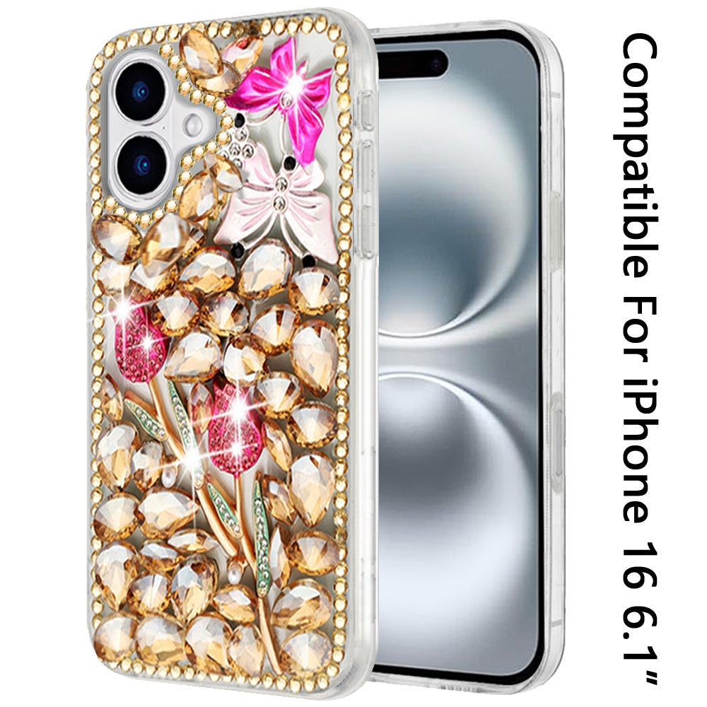 For iPhone 16 (6.1") Bling Crystal 3D Full Diamonds Luxury Sparkle Rhinestone Hybrid Protective Case Cover Gold Exquisite Garden