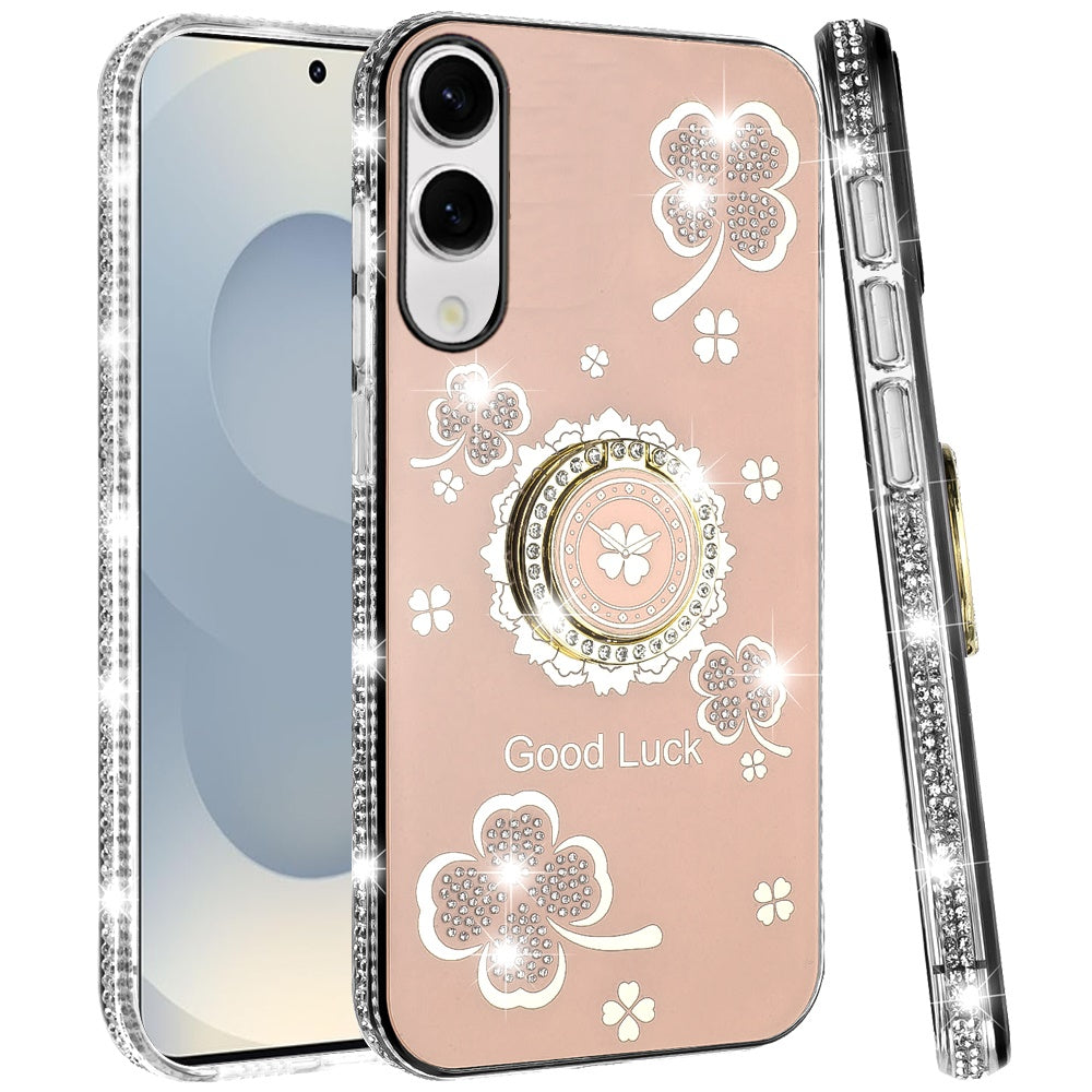 For Samsung Galaxy S25 EDGE Diamonds Bling All Around Edges Sparkly Glitter Hybrid with Ring Stand Holder Fashion Good Luck Case Cover