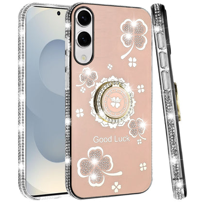 For Samsung Galaxy S25 EDGE Diamonds Bling All Around Edges Sparkly Glitter Hybrid with Ring Stand Holder Fashion Good Luck Case Cover