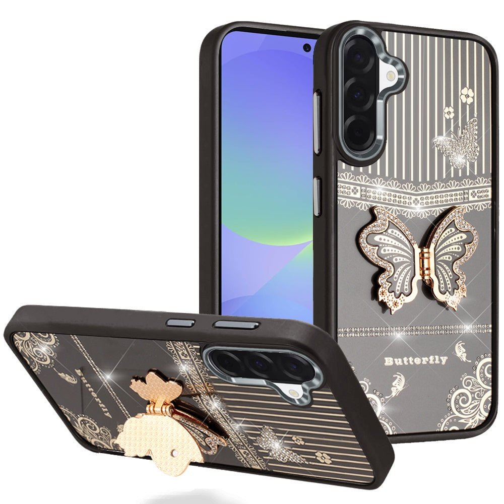 For Samsung Galaxy A37 Glitter 3D Butterfly Design Bling Metallic Edge Hybrid Stand Drop Protection TPU Shockproof Case Cover