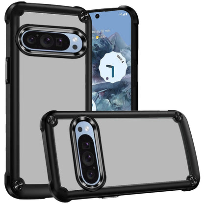 For Google Pixel 9 Pro XL Hybrid Transparent Rubber with Metal Buttons & Camera Edges Hard TPU Corner Frame Bumper Case Cover
