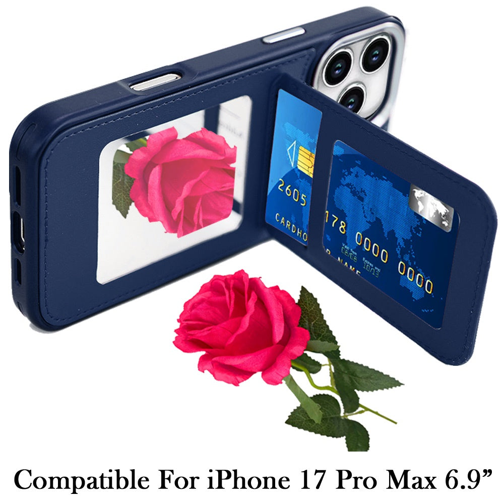 For Apple iPhone 17 Pro Max (6.9") PU Leather Wallet Cover with Credit Card Holder, Kickstand & Mirror Inside Slim Fit TPU & PC Hybrid Design Case Cover Red