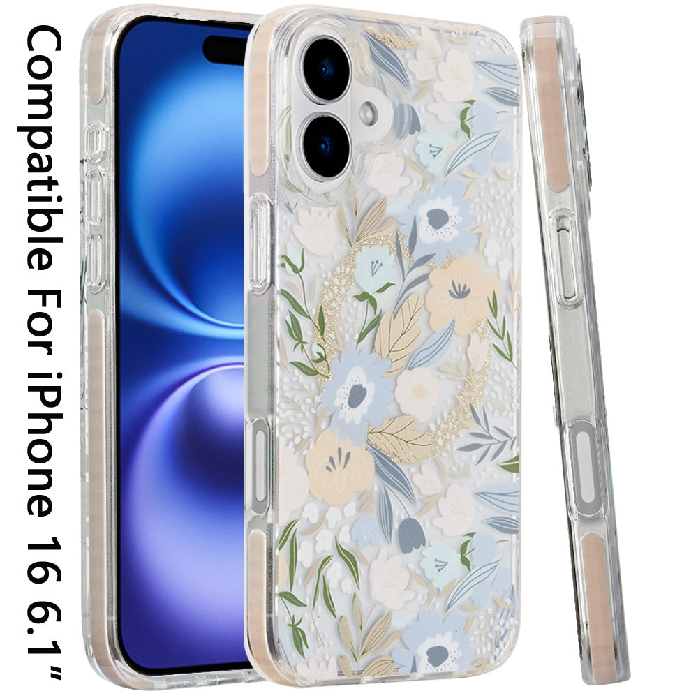 For Apple iPhone 16 (6.1") Floral Pattern Design Cute Clear Hybrid Compatible with Magsafe Double Layer Soft TPU Hard PC Back Slim Case Cover