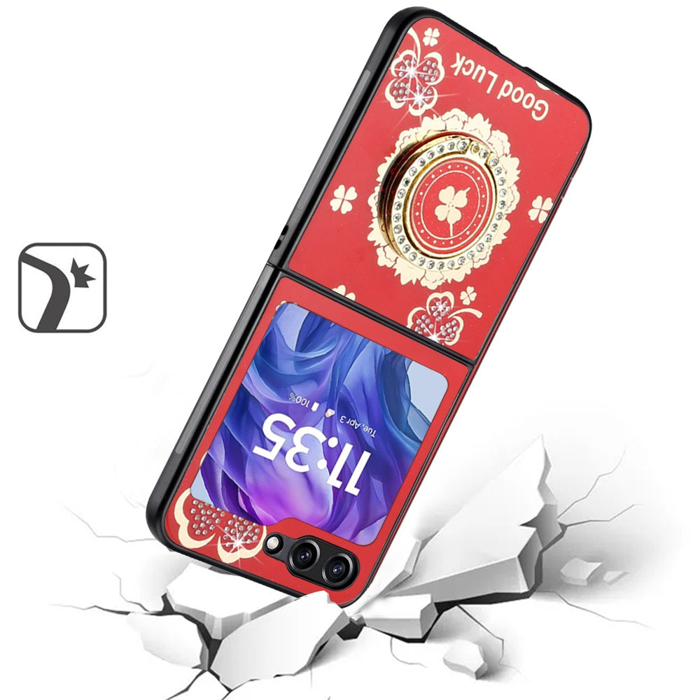 For Samsung Galaxy Z Flip 7 FE Diamonds 3D Fashion Floral Bling Sparkly Glitter Ornaments Engraving Hybrid with Ring Stand Case Cover Red Good Luck Floral