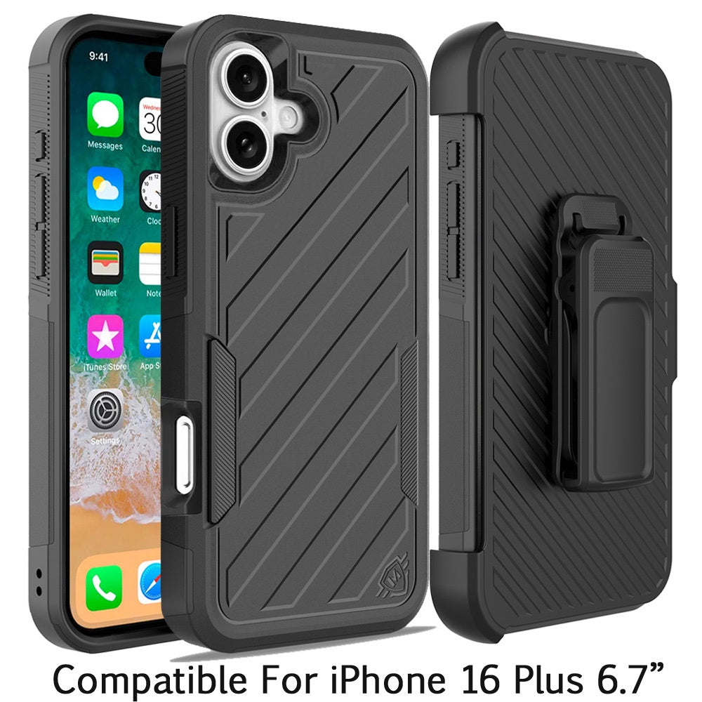 For Apple iPhone 16 Plus (6.7") Premium Design Hybrid lined with Belt Clip Holster Shockproof Rugged Textured 2in1 Non Slip Tough Case Cover Black