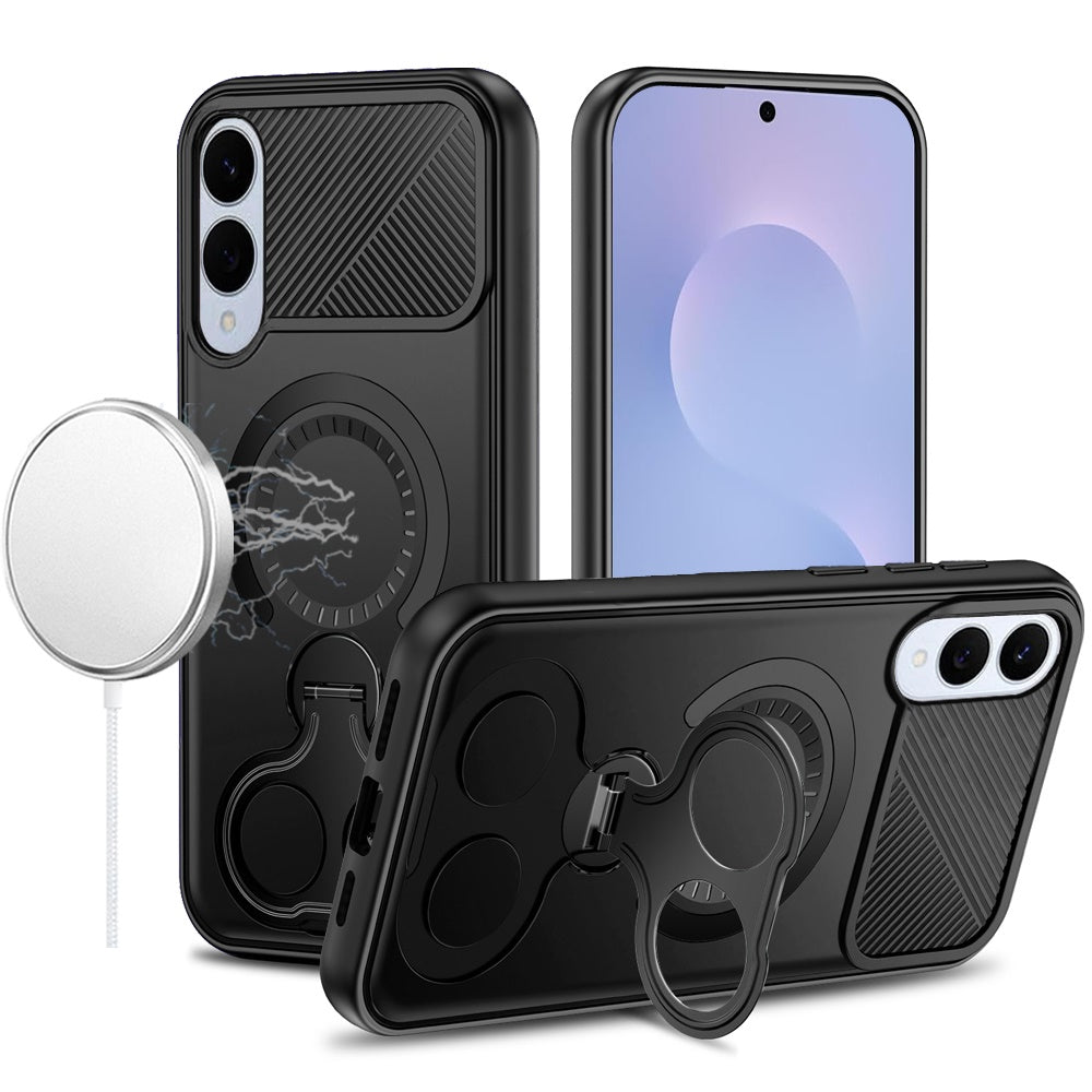 For Samsung Galaxy S25 Edge Hybrid with Invisible 2 Hole Ring Stand Magnetic back Car Mount Friendly Protector Case Cover Black