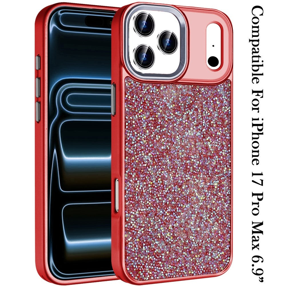 For Apple iPhone 17 Pro Max (6.9") Crystal Sparkle Diamond Glass Full Mini Glitter Bling Frame TPU Hybrid Protective Case Cover Black