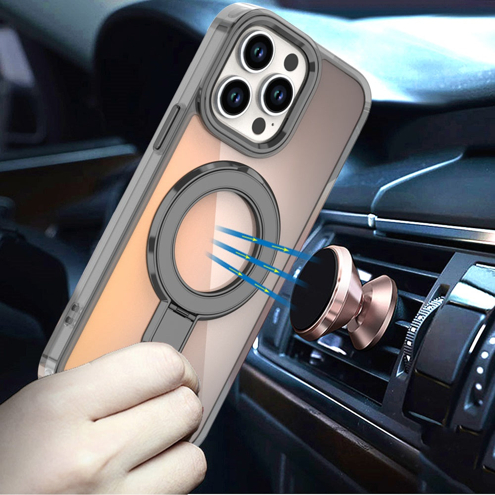 For Apple iPhone 14 Pro Max Chrome Hybrid with Rotating Magnetic Circle Ring Stand, Slim Shockproof Hybrid Case Cover