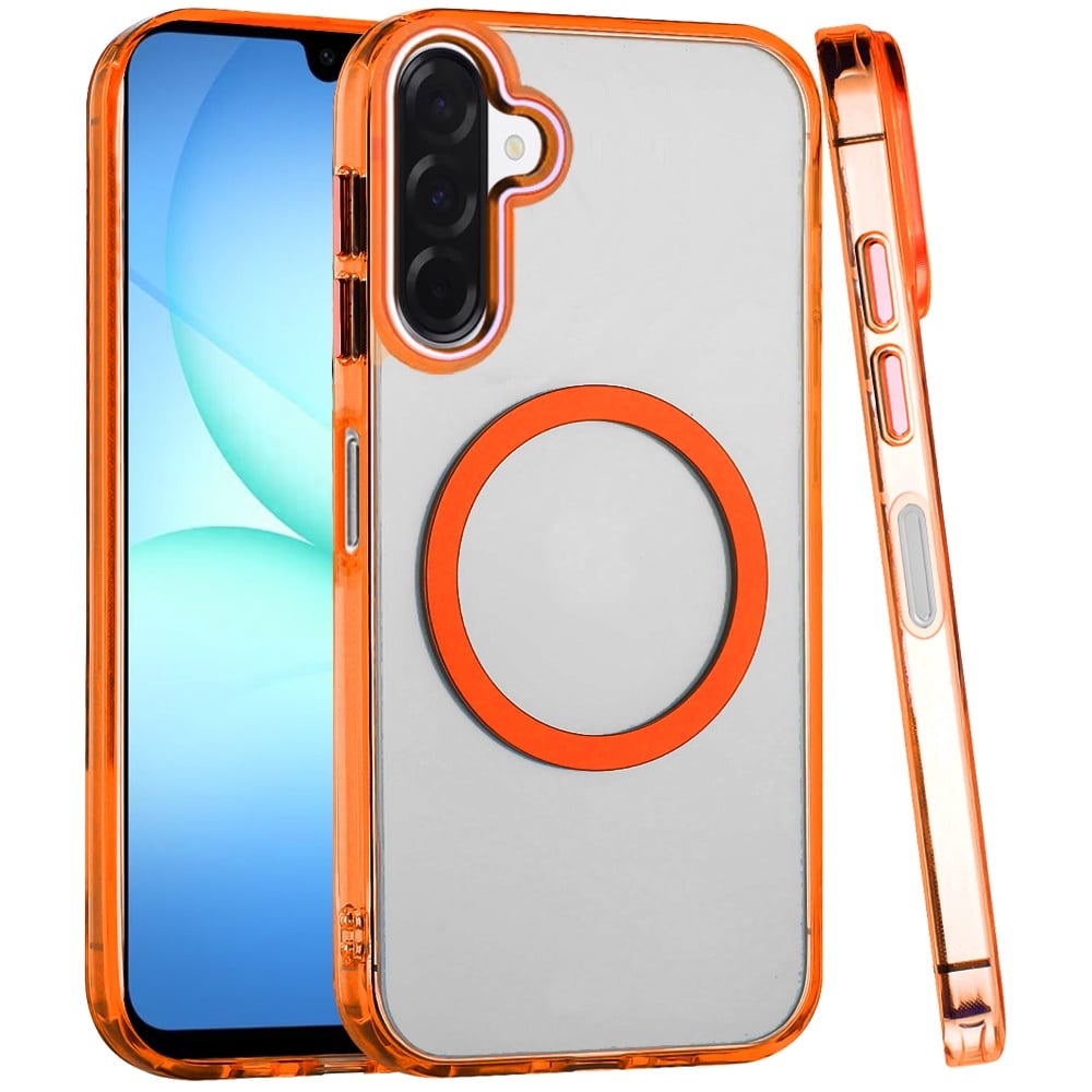 For Samsung Galaxy A16 5G Transparent Back Hybrid Case - Magnetic Circle, Color Frame, Metal Buttons, MagSafe Compatible Case Cover Cosmic Orange