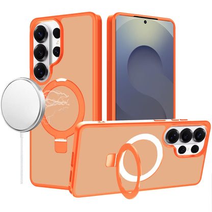 For Samsung Galaxy S25 Ultra Magnetic Circle Back with Ring Stand Full Rotation Matte Hybrid Shockproof Case Cover Cosmic Orange