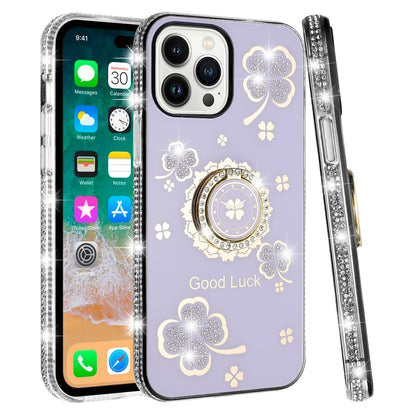 For Samsung Galaxy A37 Diamonds Bling All Around Edges Sparkly Glitter Hybrid with Ring Stand Holder Fashion Good Luck Case Cover