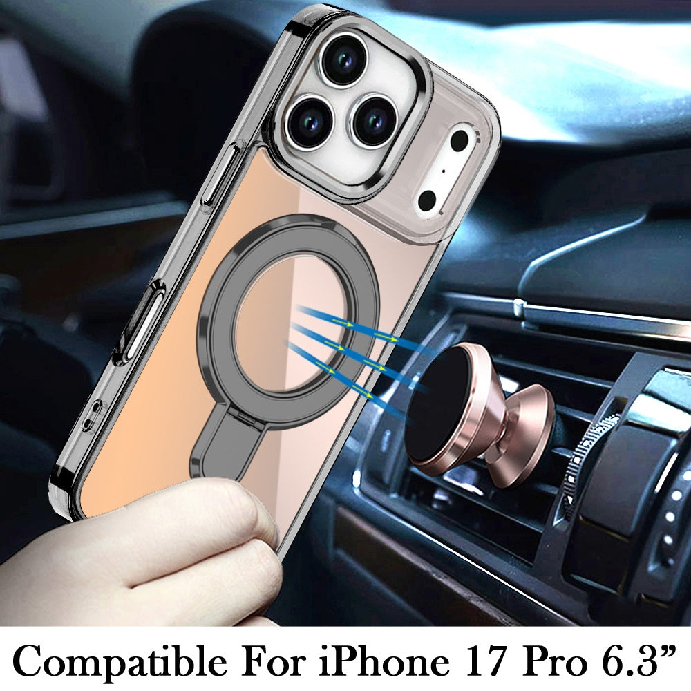 For Apple iPhone 17 Pro (6.3") Chrome Hybrid with Rotating Magnetic Circle Ring Stand, Slim Shockproof Hybrid Case Cover Cosmic Orange