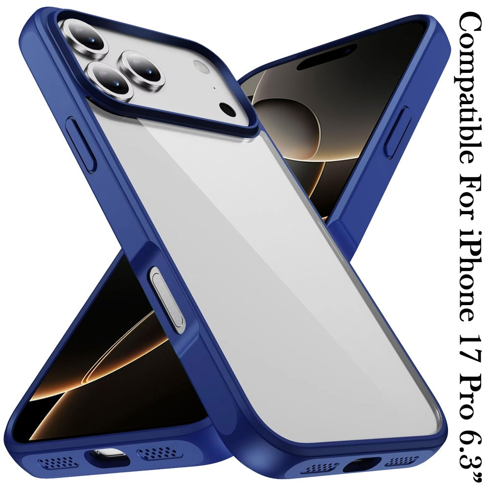 For Apple iPhone 17 Pro Hybrid Transparent HQ Slim Shockproof Clear Protective Thick 2.0mm TPU Frame Case Cover Transparent Navy Blue