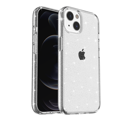 For iPhone 15 Plus (6.7") Transparent Glitter Shiny Sparkle Bling TPU Rubber Hard Back Hybrid Frame Shockproof Case Cover Clear