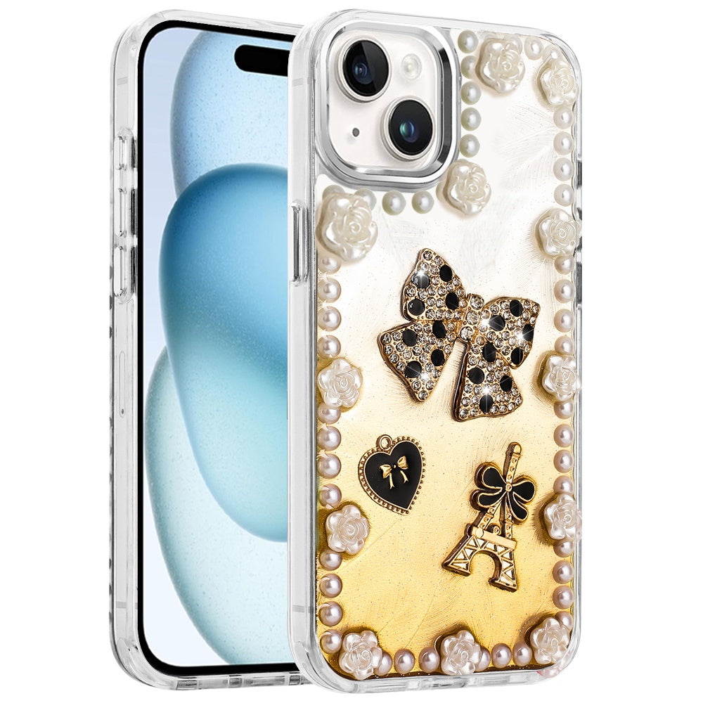 For Samsung Galaxy A36 Bling Fashion Design with 3D Pearls Epoxy Glitter Ornaments Chrome Edge Hard Slim PC Case Cover