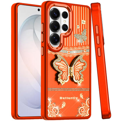 Phone Case for Samsung Galaxy S26 Ultra Glitter Bling Butterfly Stand Metallic Edge Hybrid Shockproof Grip Durable Camera Protection Stylish Design Cover Cosmic Orange