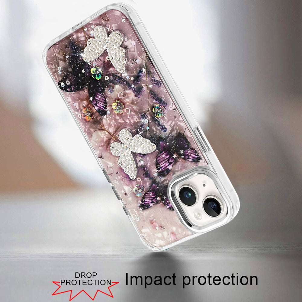 For Apple iPhone 16 (6.1") Epoxy Glitter Flowers Bling 3D Butterfly Fashion TPU Hybrid with Shockproof Protection Case Cover