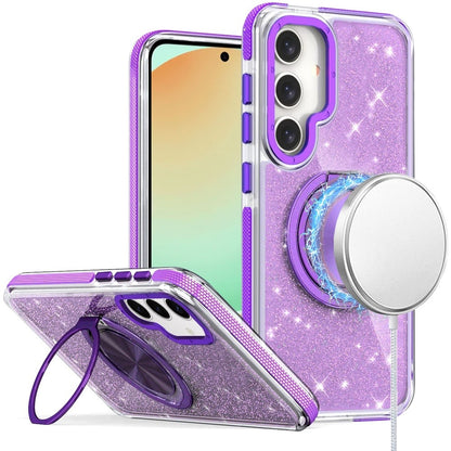 For Samsung Galaxy S24 FE Slim Bling Glitter Sparkly Shimmer Hybrid with Magnetic Ring and 360° Rotational Stand [Compatible with Magsafe] Case Cover Purple