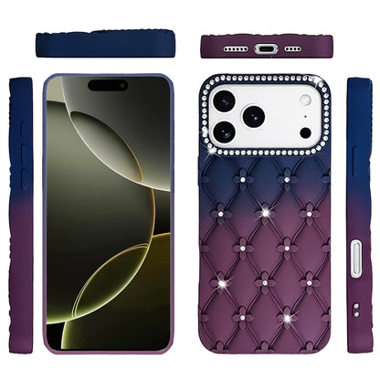 For Apple iPhone 17 Fashion Flower Design Sparkle Glitter Shimmer Rhinestone Bling Floral Accents, Leather Texture TPU Case Cover