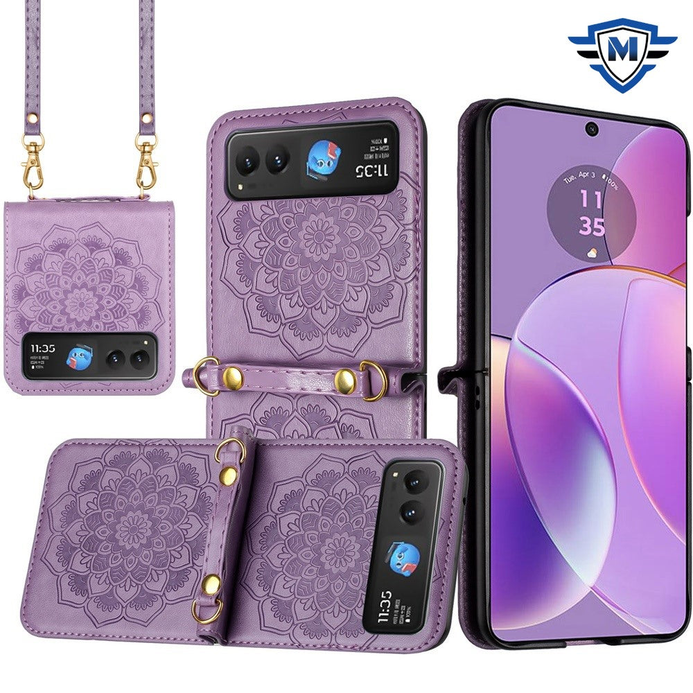 For Motorola Razr 2025 Premium Floral Embossed PU Leather Flip Cover, Elegant Mandala Design with Strap Case Cover